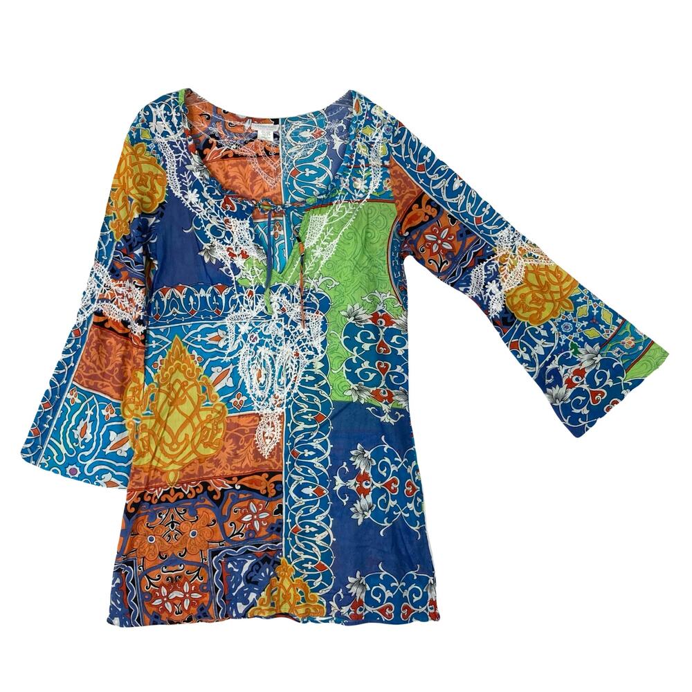 NWOT DEBBIE KATZ Dress M Floral Embroidery Bow Bell-Long-Sleeve Slits Knee Multi